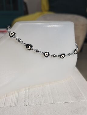 14k Silver Plated Black and White Evil Eye Ankle Bracelet - Women Jewelry